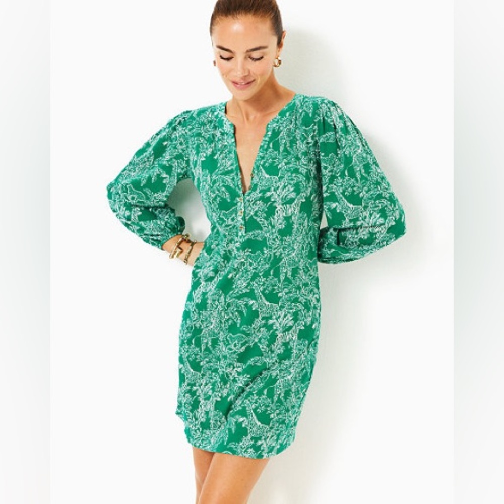 Lilly Pulitzer Emerald Green Printed V-Neck Puff-Sleeve dress